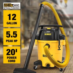 DEWALT 12 Gallon STEALTHSONIC Poly Wet/Dry Vacuum, DXV12P-QTA Newest Noise Reduction Vac, Heavy Duty Shop Vacuum for Jobsite/Workshop, Reduce Motor Noise, Yellow