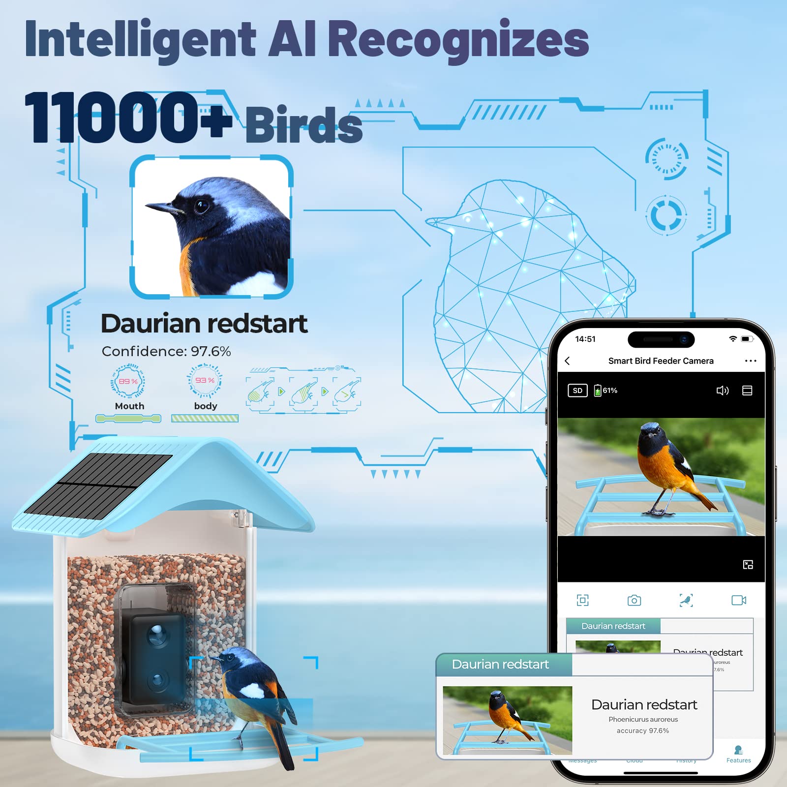 AUXCO Bird Feeder with Camera, 2023 Newest Dual Solar Panels Charging Smart Bird Feeder Camera, AI Identify 11000+ Bird Species, Auto Capture Bird Videos & APP Notify Video Bird Camera for Bird Lovers