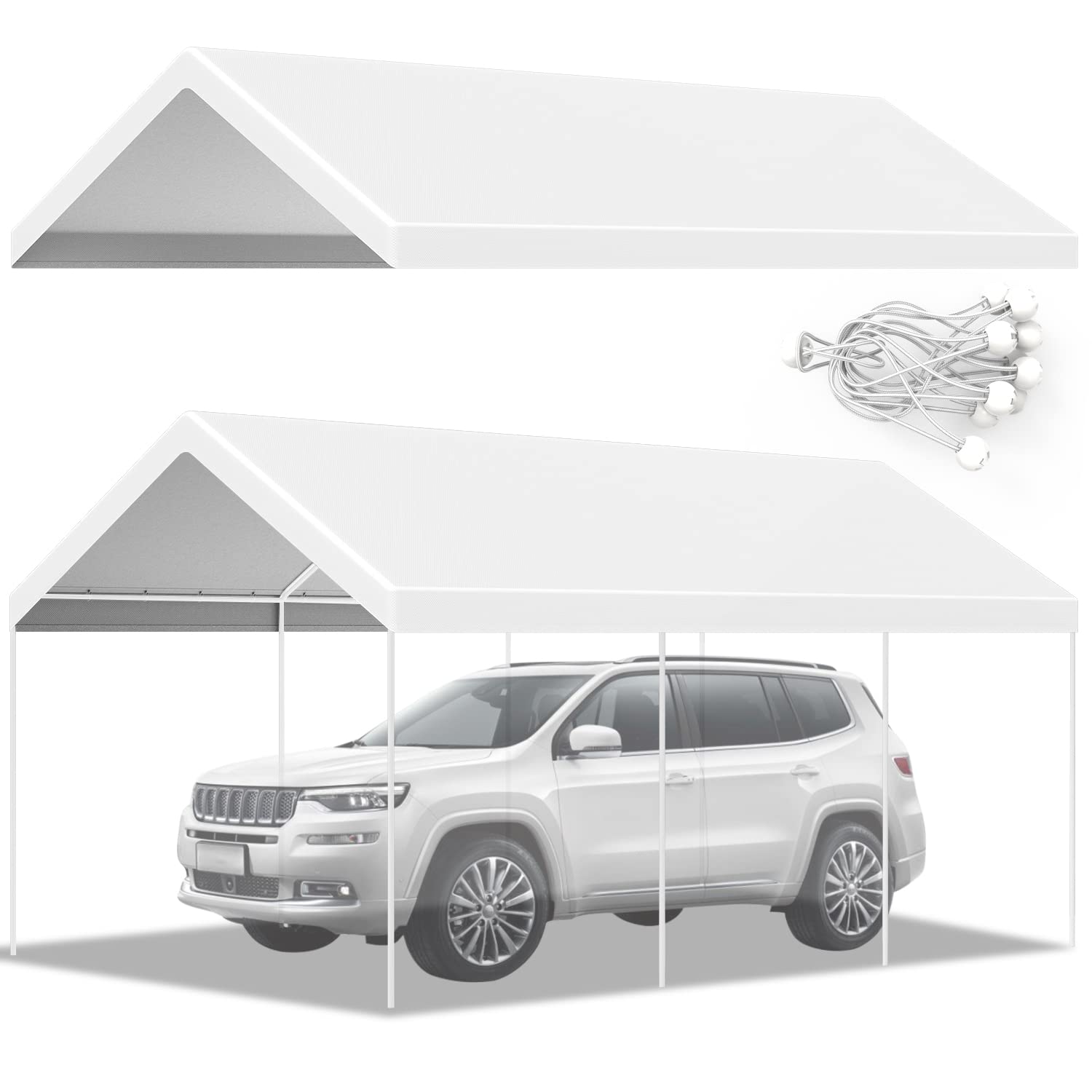 12x20 ft Carport Car Replacement Canopy Cover for Car Tent Party Tent Top Garage Shelter Cover with 32 Ball Bungees(Only Cover, Frame Not Included) White