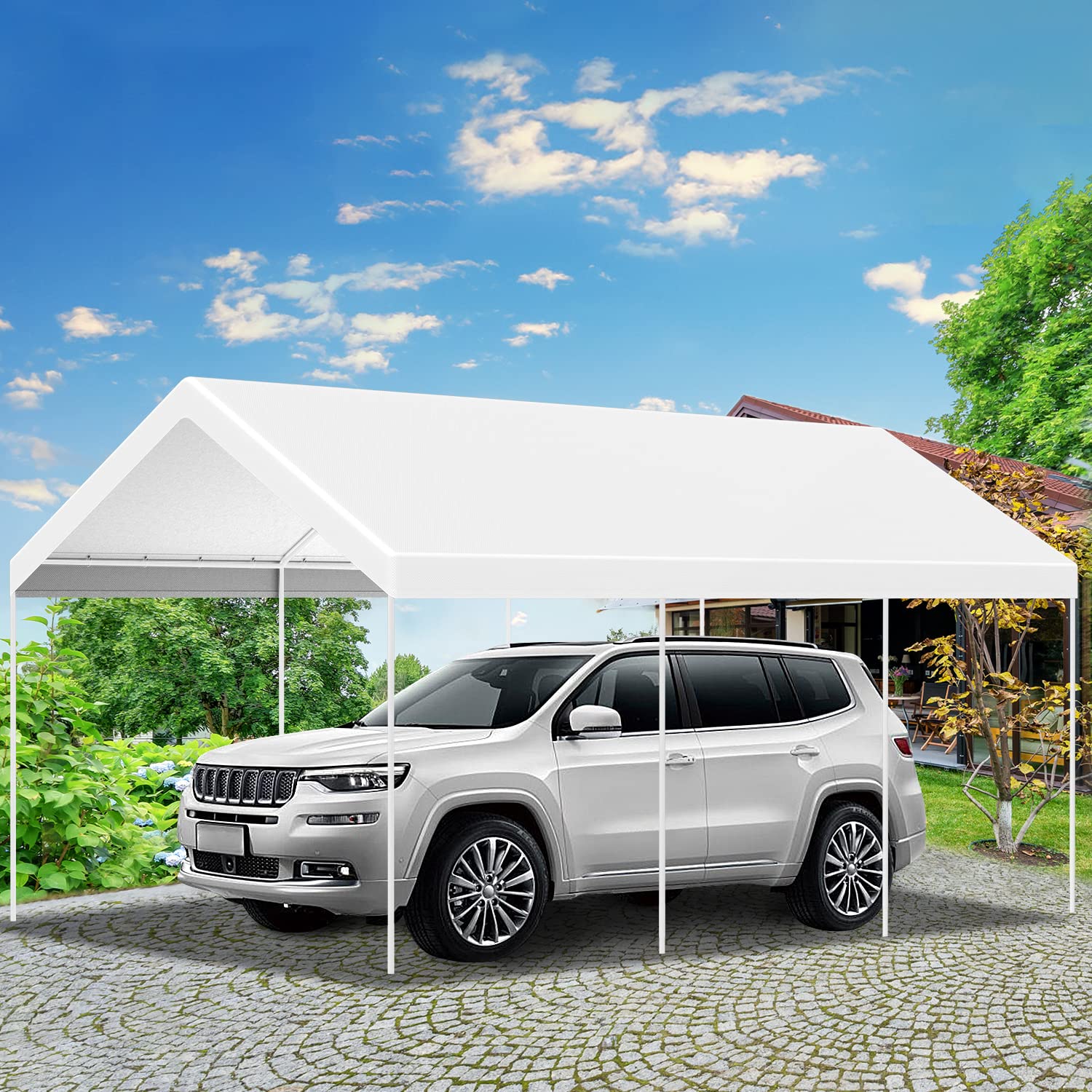 12x20 ft Carport Car Replacement Canopy Cover for Car Tent Party Tent Top Garage Shelter Cover with 32 Ball Bungees(Only Cover, Frame Not Included) White