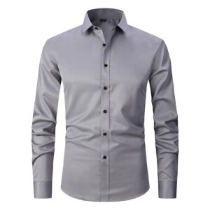 men's long sleeve button down shirts solid color lightweight slim fit shirts classic stylish business dress shirt (grey,39)