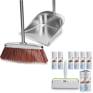 broom and dustpan set with long handled, 6.3 inch large lint roller extra sticky 600 sheets/10 refills