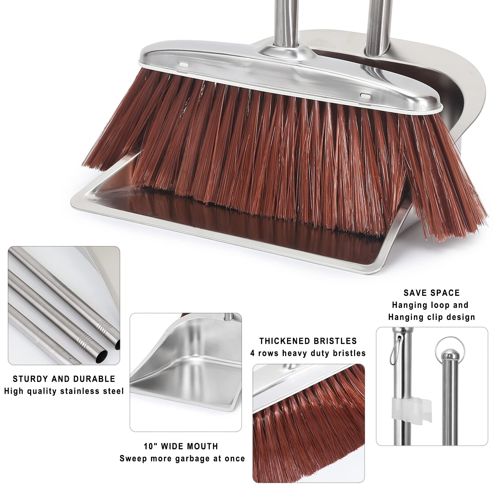 Broom and Dustpan Set with Long Handled, 6.3 inch Large Lint Roller Extra Sticky 600 Sheets/10 Refills