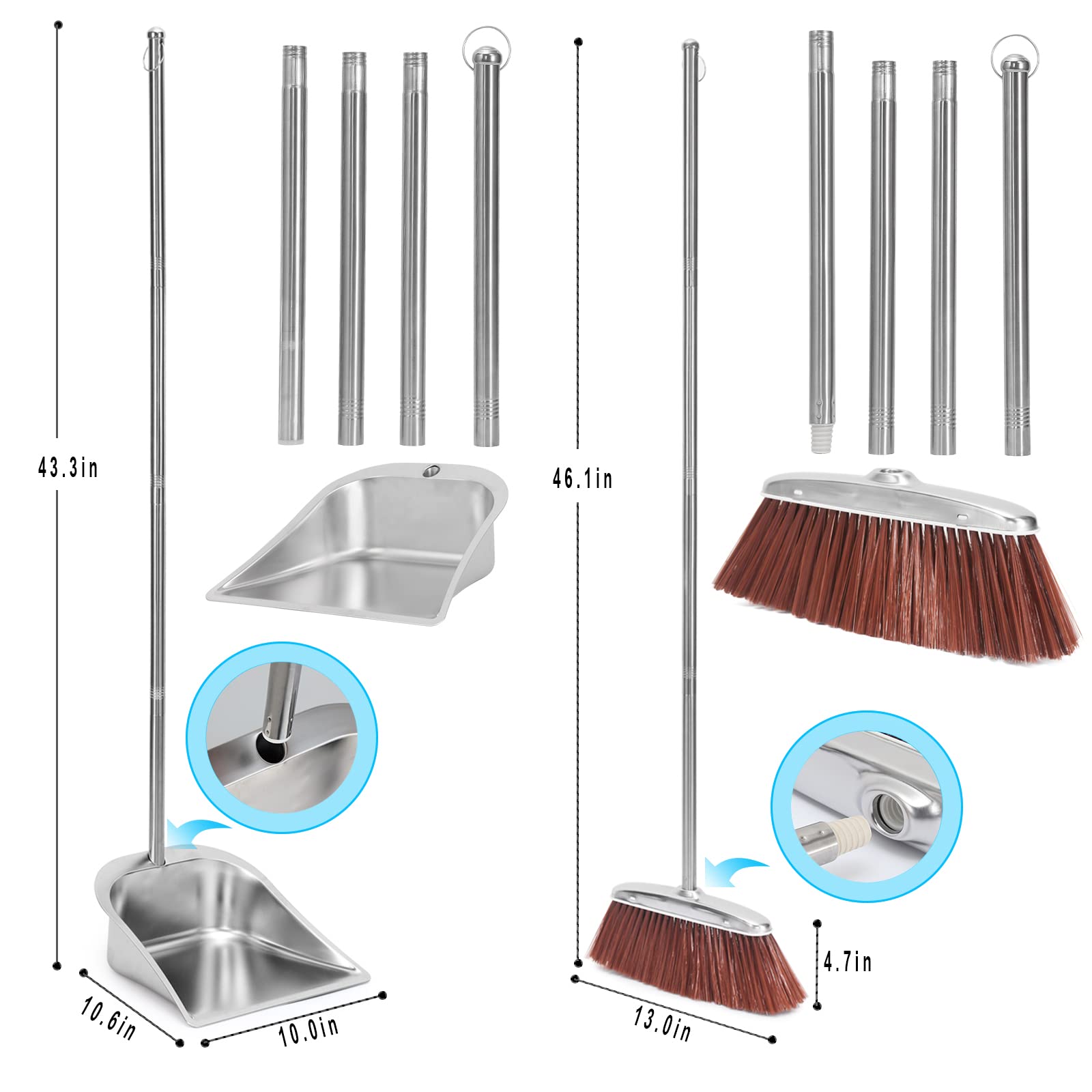 Broom and Dustpan Set with Long Handled, 6.3 inch Large Lint Roller Extra Sticky 600 Sheets/10 Refills