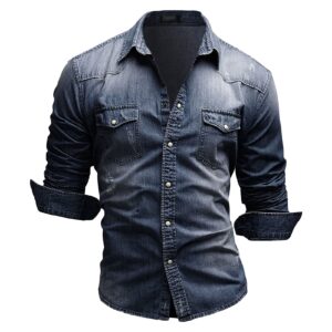 maiyifu-gj men's long sleeve denim shirt casual button-down western regular fit shirts slim fit washed jean shirt (dark blue,3x-large)