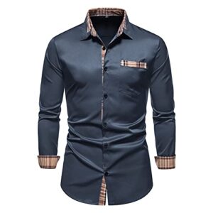 mens plaid long sleeve button down shirt casual turn-down collar slim fit shirts stylish business dress shirts (dark blue,xx-large)