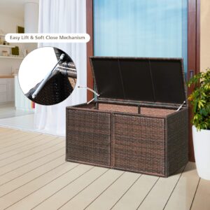 RELAX4LIFE PE Wicker Storage Box - Outdoor 88 Gallon 2-Tier Deck Box for Patio Furniture Toys Storage w/ Lid & Front Doors, All Weather Rattan Storage Bin for Backyard Garden Poolside Porch (Brown)