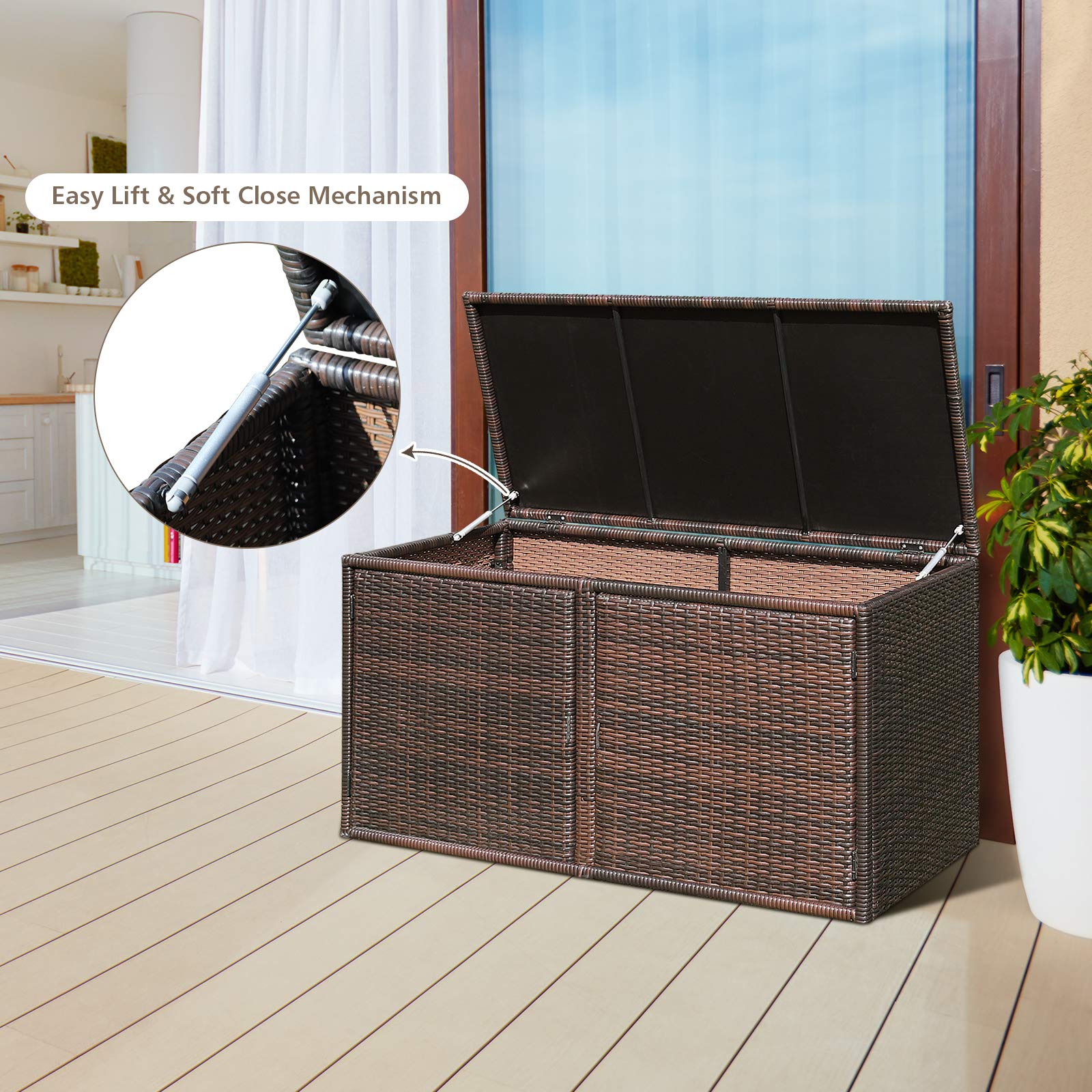 RELAX4LIFE PE Wicker Storage Box - Outdoor 88 Gallon 2-Tier Deck Box for Patio Furniture Toys Storage w/ Lid & Front Doors, All Weather Rattan Storage Bin for Backyard Garden Poolside Porch (Brown)