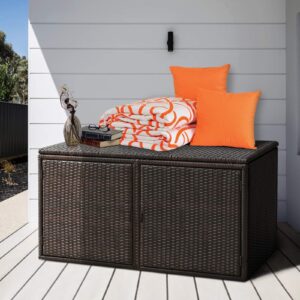 RELAX4LIFE PE Wicker Storage Box - Outdoor 88 Gallon 2-Tier Deck Box for Patio Furniture Toys Storage w/ Lid & Front Doors, All Weather Rattan Storage Bin for Backyard Garden Poolside Porch (Brown)