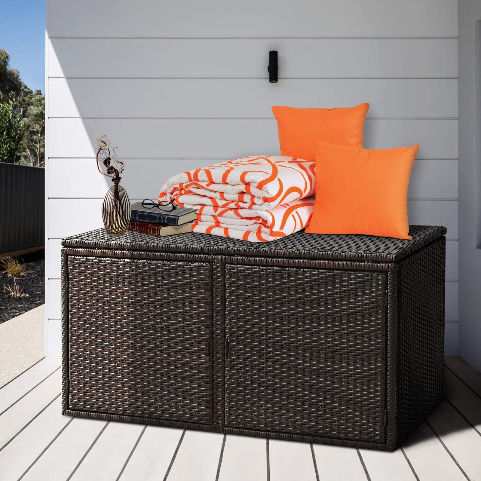 RELAX4LIFE PE Wicker Storage Box - Outdoor 88 Gallon 2-Tier Deck Box for Patio Furniture Toys Storage w/ Lid & Front Doors, All Weather Rattan Storage Bin for Backyard Garden Poolside Porch (Brown)