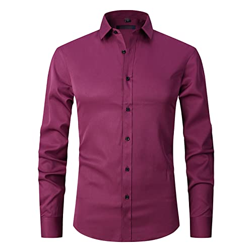 Men's Long Sleeve Button Down Shirts Solid Color Lightweight Slim Fit Shirts Classic Stylish Business Dress Shirt (Rose Red,38)