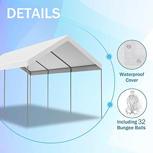 12'x20' Carport Car Replacement Canopy Cover Outdoor for Tent Party Top Garage Shelter Cover with 32 Ball Bungees(Only Cover, Frame Not Included), White