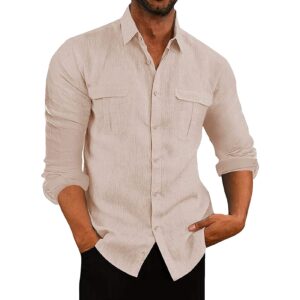 men linen button down cargo shirts casual long sleeve summer beach shirt tops lightweight loose shirt with pockets (apricot,x-large)