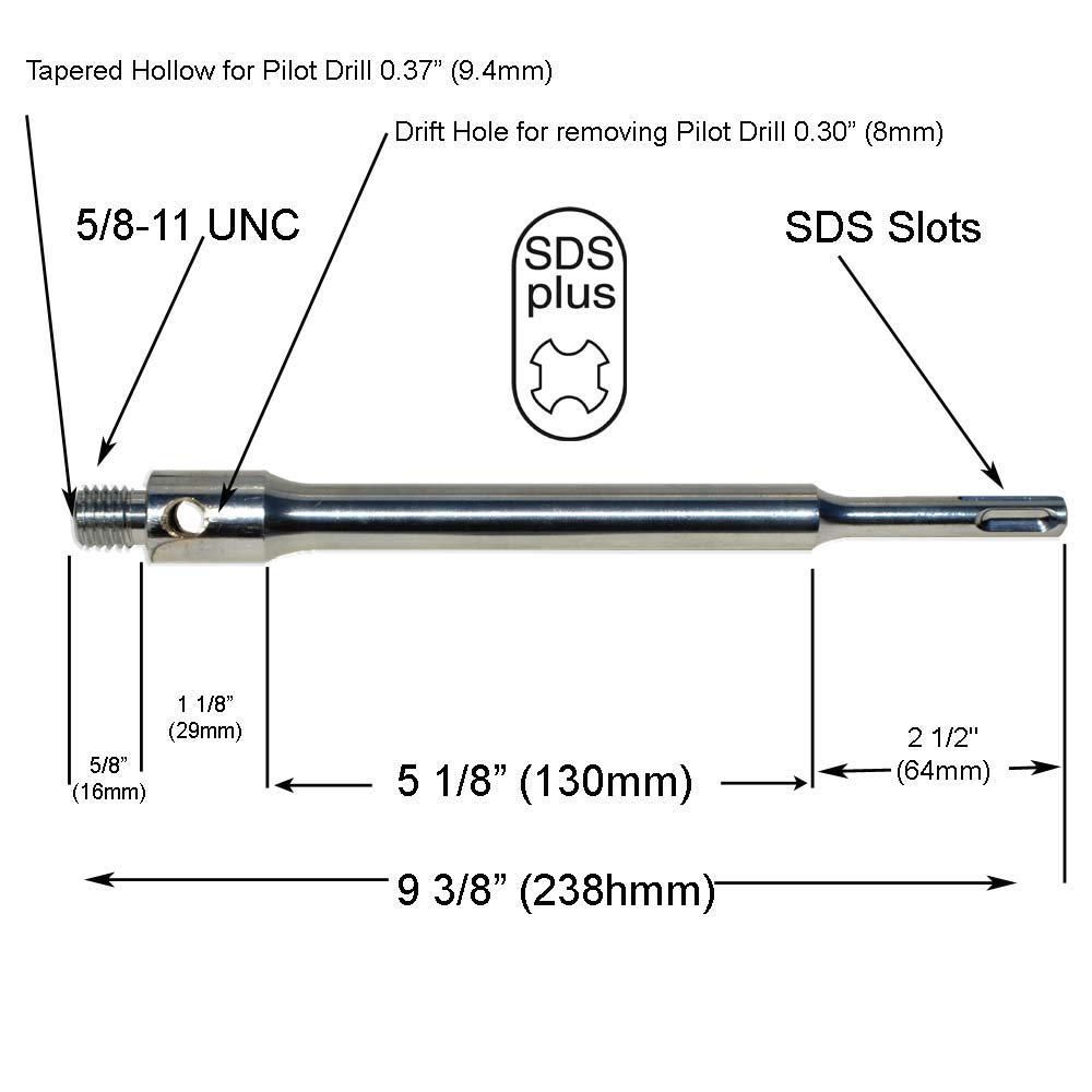 SDS Plus Core Drill Bit Adapter with Pilot Drill Core Drill Bit Extended Adapter with TCT Pilot Drill Bit for 6" Long Core Drill Bits Drill Deep Deep Holes for Drilling Concrete Brick and Masonry