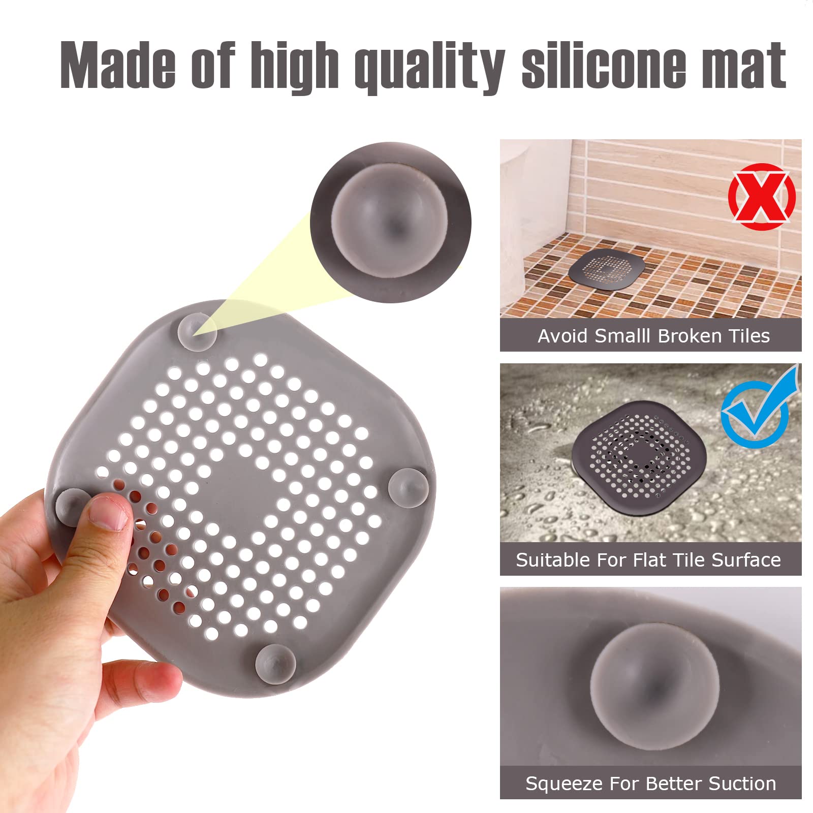 Hair Catcher Shower Drain, Drain Durable TPR Silicone Square 5.5 Inch Flat Hair Stopper Drain Cover with Suction Cups Easy to Install Hair Stopper Suit for Bathroom,Bathtub,Kitchen, 3 Pack (Black)