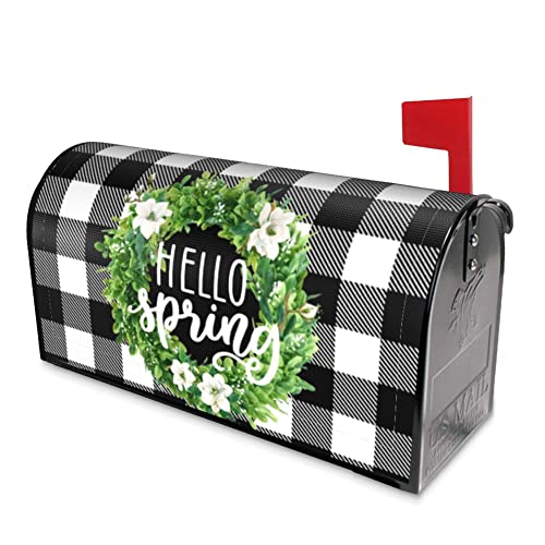 Hello Spring Buffalo Plaid Decor Mailbox Cover Magnetic Magnolia Mailbox Wraps Boxwood Wreath Post Letter Box Cover Home Garden Outdoor Decorations Standard Size 18" X 21"