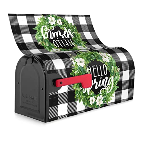 Hello Spring Buffalo Plaid Decor Mailbox Cover Magnetic Magnolia Mailbox Wraps Boxwood Wreath Post Letter Box Cover Home Garden Outdoor Decorations Standard Size 18" X 21"