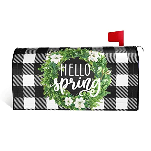 Hello Spring Buffalo Plaid Decor Mailbox Cover Magnetic Magnolia Mailbox Wraps Boxwood Wreath Post Letter Box Cover Home Garden Outdoor Decorations Standard Size 18" X 21"