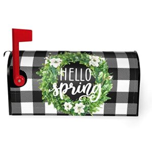 Hello Spring Buffalo Plaid Decor Mailbox Cover Magnetic Magnolia Mailbox Wraps Boxwood Wreath Post Letter Box Cover Home Garden Outdoor Decorations Standard Size 18" X 21"