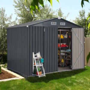 Verano Garden 8’x6’ Outdoor Storage Shed, Galvanized Metal Steel Shed,Double Door W/Lock, Garden Storage for Backyard, Patio, Lawn (96.65"x63.39"x77.17)