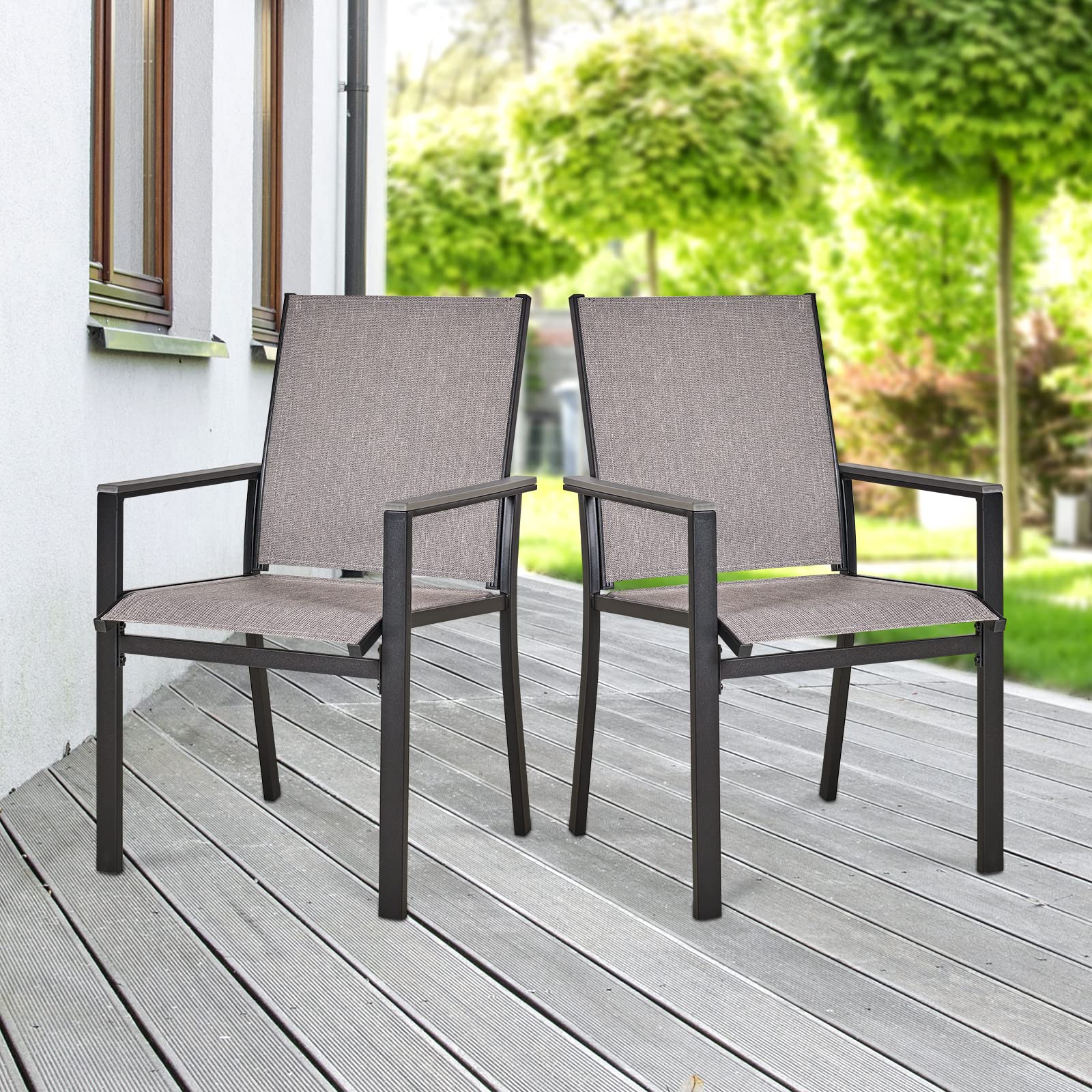 MEOOEM Patio Chair Set of 2, Textilene Patio Furniture Chair with Armrest & Black Metal Frame for Lawn Garden Backyard.