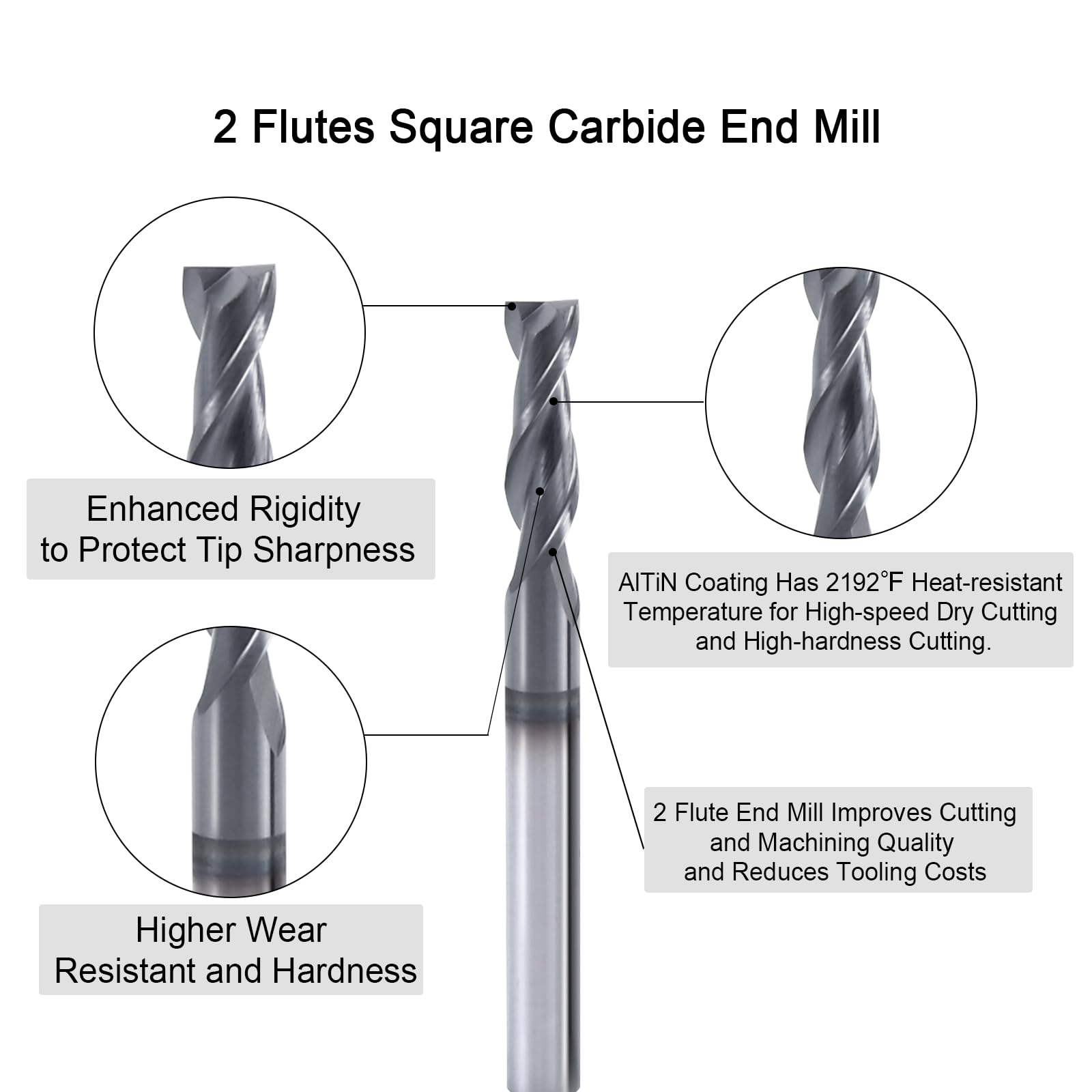 XYunEnZ ISB 3/16'' Carbide Square End Mill Set, 2 Flute Micro Grain Carbide Mill Bits for Alloy Steels/Hardened Steels, 5 Pieces