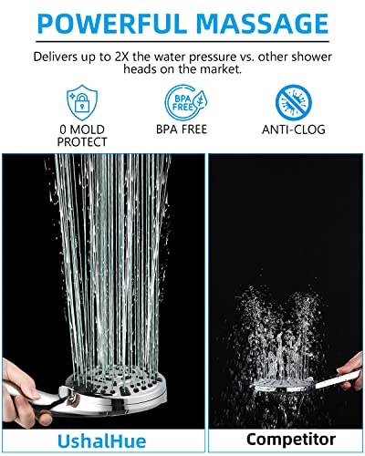 Shower head ushalhue hand held shower 10 Spray Mode High Pressure Showerhead,59.05" Stainless Steel Hose Adjustable Bracket Filter Shower Head, Remove Chlorine and Harmful Substance (silvery1)
