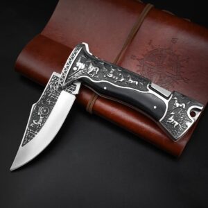 NedFoss Gifts for Men Pocket Folding Knife, 9" Engraved Unique Blade, Wood Handles Pocket Knife with Back Lock, Hunting Camping Pocket Knife for Men,Perfect Gifts Idea for Survival, Fishing, Hiking