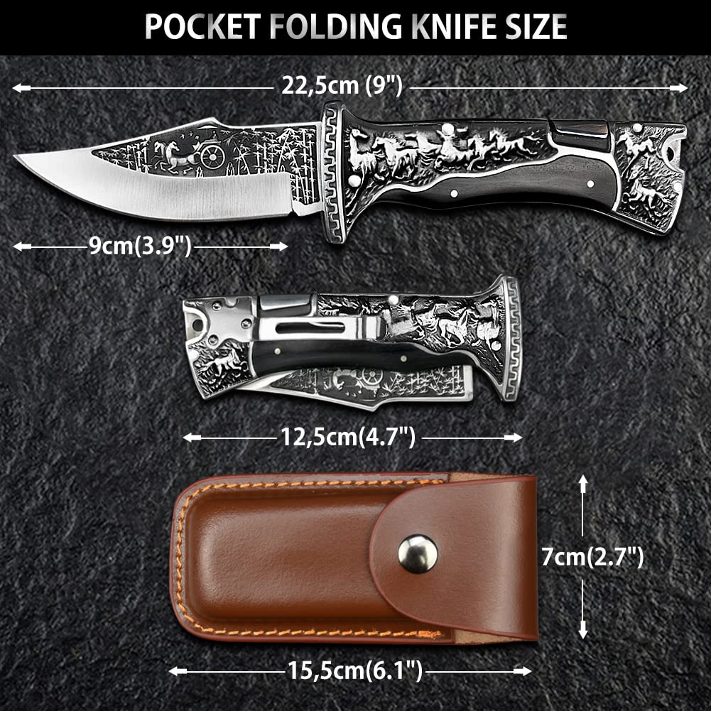 NedFoss Gifts for Men Pocket Folding Knife, 9" Engraved Unique Blade, Wood Handles Pocket Knife with Back Lock, Hunting Camping Pocket Knife for Men,Perfect Gifts Idea for Survival, Fishing, Hiking