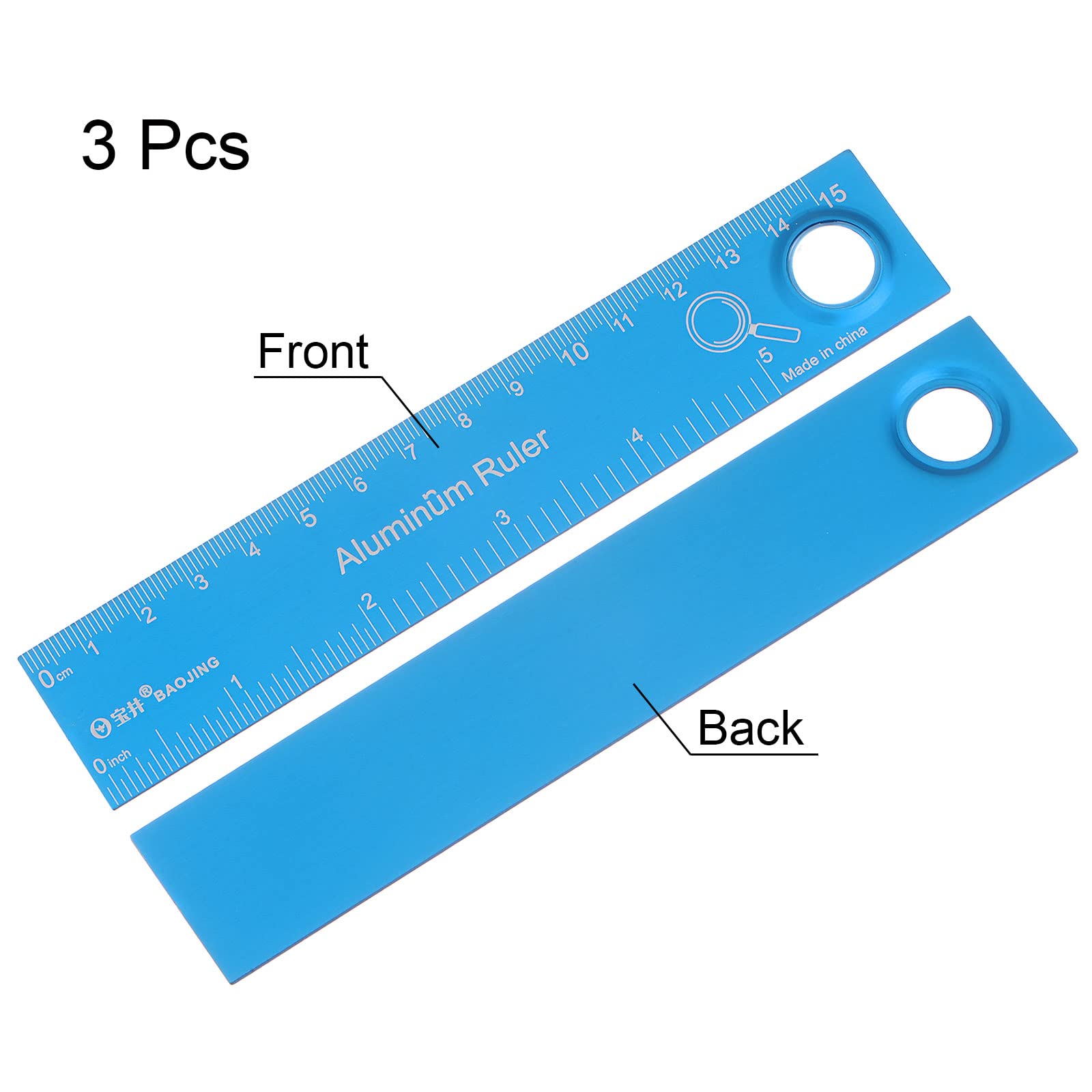 HARFINGTON 3pcs Straight Ruler 6 Inch Metric English System Aluminum Alloy Ruler Magnifier Measuring Tool for Children Study Classroom Office, Sky Blue