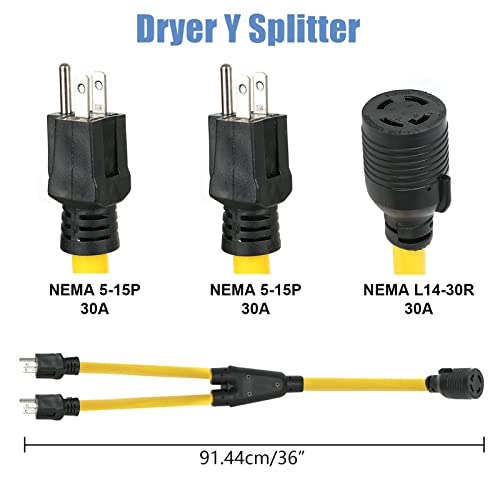 HDWS 3FT NEMA 2X 5-15P to L14-30R Y Adapter Cord, (2) 5-15 Male Plug 3 Prong to Generator Twist Lock L14-30 Female Receptacle 4 Prong, 120V/240V 30 Amp Generator Welder Dryer Power Cord Adapter