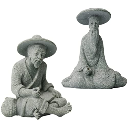 GANAZONO Fishing Accessories Mini Fisherman Statue Sandstone Chinese Oldman Sitting Fishing Garden Statue Fish Tank Ornament Asian Bonsai Pot Decoration 2pcs Plants Decor