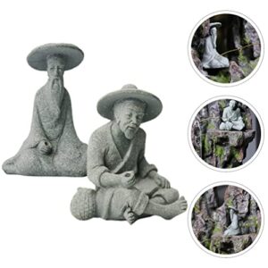 GANAZONO Fishing Accessories Mini Fisherman Statue Sandstone Chinese Oldman Sitting Fishing Garden Statue Fish Tank Ornament Asian Bonsai Pot Decoration 2pcs Plants Decor