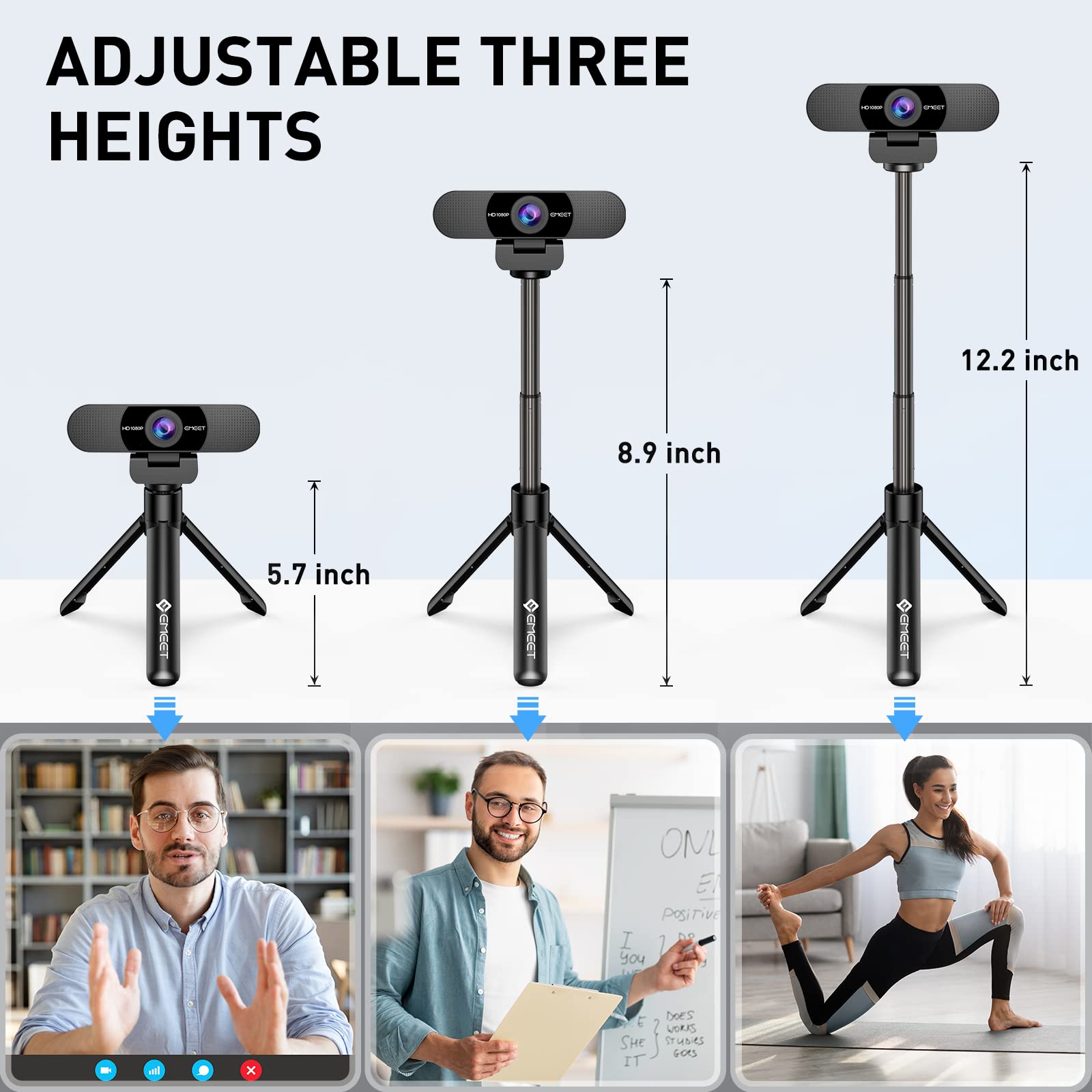 EMEET C960 Webcam with Tripod, 1080p with Microphone, Adjustable Height Mini Tripod, C960 Web Camera with Privacy Cover, Plug & Play Webcam with Stand for Zoom/Skype/YouTube/FaceTime