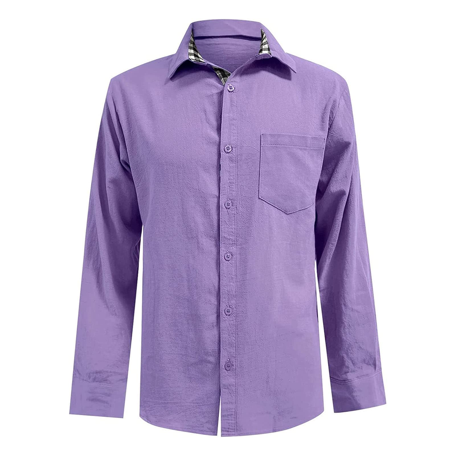 Men's Linen Button Down Shirts Casual Long Sleeve Summer Beach Shirt Tops Lightweight Plaid Loose Fit Shirt (Light Purple,4X-Large)