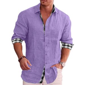 Men's Linen Button Down Shirts Casual Long Sleeve Summer Beach Shirt Tops Lightweight Plaid Loose Fit Shirt (Light Purple,4X-Large)