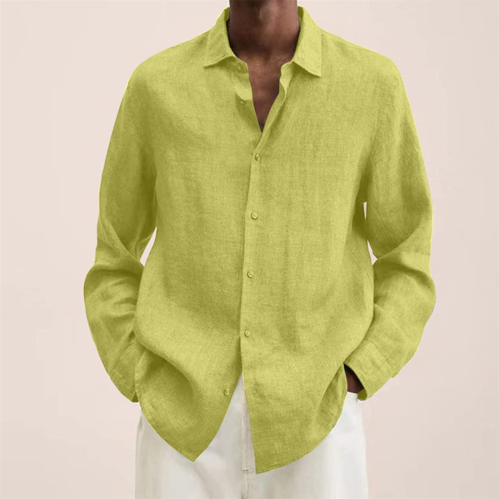 Men's Linen Button Down Shirts Casual Long Sleeve Summer Beach Shirt Tops Lightweight Solid Color Loose Fit Shirt (Yellow 2,XX-Large)