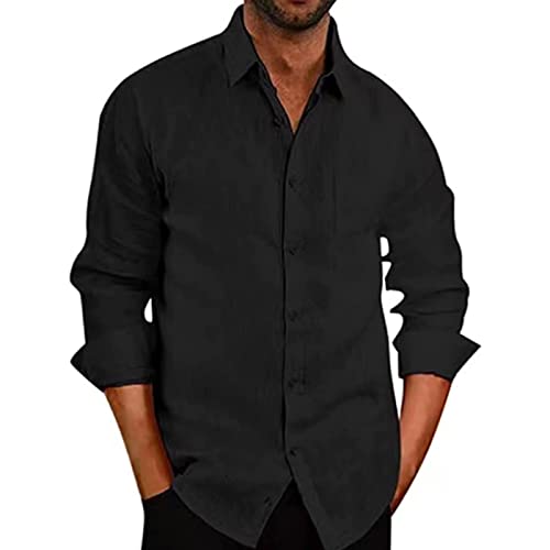 Men's Linen Button Down Shirts Casual Long Sleeve Summer Beach Shirt Tops Solid Roll-Up Sleeve Regular Fit Shirt (Black,X-Large)