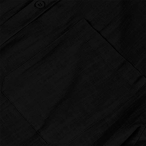Men's Linen Button Down Shirts Casual Long Sleeve Summer Beach Shirt Tops Solid Roll-Up Sleeve Regular Fit Shirt (Black,X-Large)