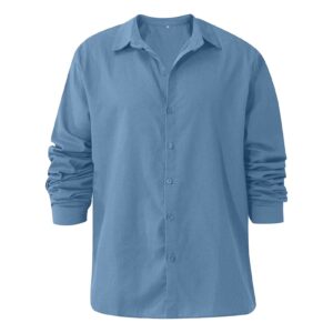 men's linen button down shirts casual long sleeve summer beach shirt tops lightweight solid color loose fit shirt (light blue,xx-large)
