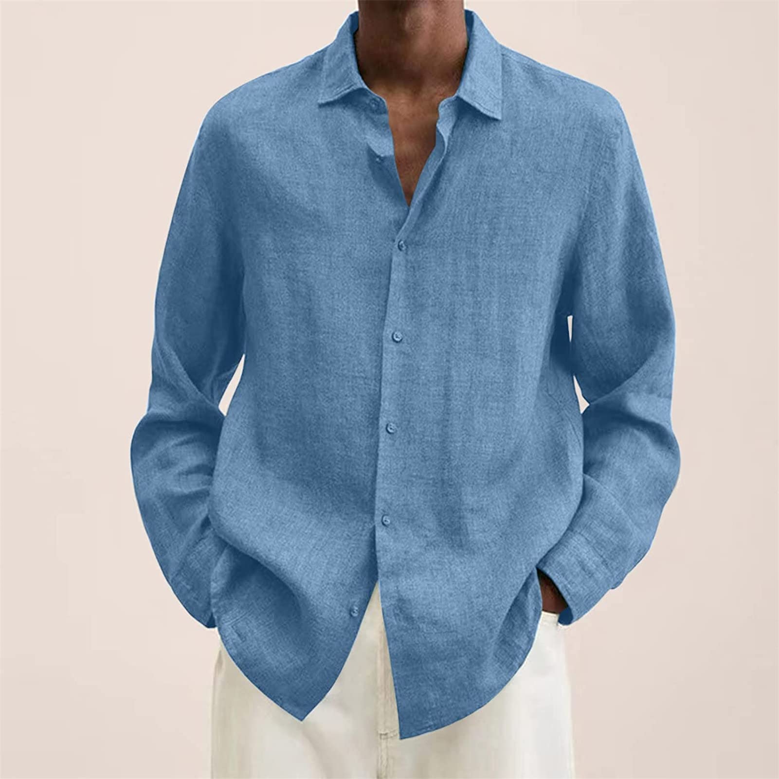 Men's Linen Button Down Shirts Casual Long Sleeve Summer Beach Shirt Tops Lightweight Solid Color Loose Fit Shirt (Light Blue,XX-Large)