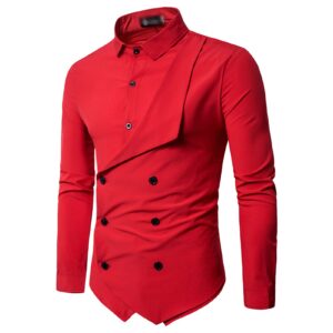 men's long sleeve double breasted shirts slim fit casual button down shirts turn-down collar party dress shirt top (red,large)