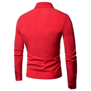 Men's Long Sleeve Double Breasted Shirts Slim Fit Casual Button Down Shirts Turn-Down Collar Party Dress Shirt Top (Red,Large)
