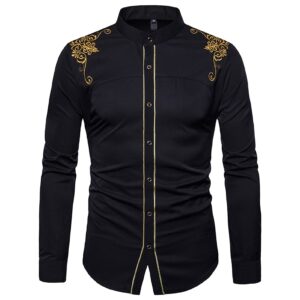 men's long sleeve embroidered shirts slim fit casual button down shirts golden printed party dress shirt top (black,medium)