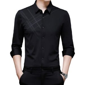 men plaid printed dress shirt turn-down collar button down business shirts casual slim fit long sleeve shirts (black,56)