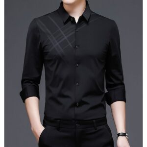 Men Plaid Printed Dress Shirt Turn-Down Collar Button Down Business Shirts Casual Slim Fit Long Sleeve Shirts (Black,56)