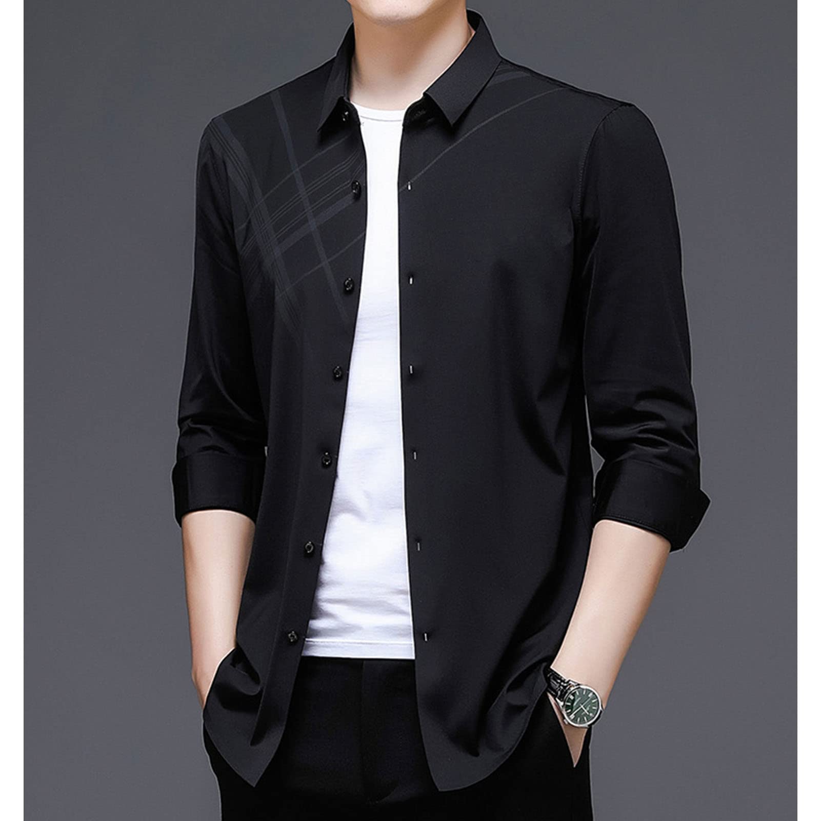 Men Plaid Printed Dress Shirt Turn-Down Collar Button Down Business Shirts Casual Slim Fit Long Sleeve Shirts (Black,56)
