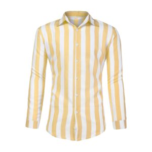 men casual striped button down shirts long sleeve slim fit beach shirt fall regular fit business dress shirt top (yellow,x-large)
