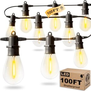 jerritte 100ft led outdoor string lights with 30 edison shatterproof ip65 waterproof bulbs, 2700k dimmable commercial grade patio lights, heavy duty outside hanging lights for garden porch deck decor