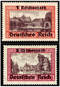 1939 d very rare flawless nazi-occupied danzig stamps w reichsmark overprints & city landmarks (now gdansk poland!) 1, 2 reichsmark seller perfect uncirculated mint never hinged